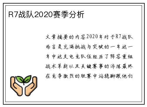 R7战队2020赛季分析